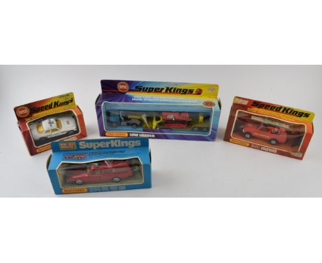 Boxed Matchbox Super Kings K-23 Articulated Low Loader with Bulldozer, K-74 Volvo Estate (metallic red version) together with