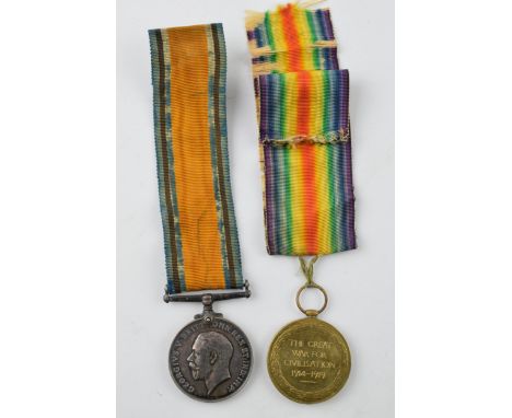 Two WWI medals awarded to 144920 DVR. R. GIBSON R.A. The Great War medal and the 1914 - 1918 medal.  Ribbons showing some age
