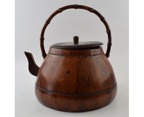 Large vintage Chinese tea kettle in wood with bamboo handle. A good decorative item. Width 37cm, Height 34cm.  Generally in g