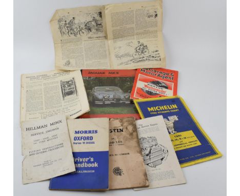 A collection of vintage motoring ephemera to include a Jaguar Mk II workshop manual 1957 - 1967, Hillman Minx, Austin, "The C