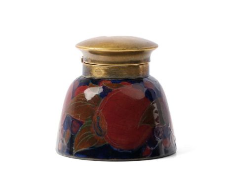 Moorcroft Pomegranate inkwell with brass hinged lid, impressed 'Moorcroft', 7.5cm tall.  In good condition with no obvious da