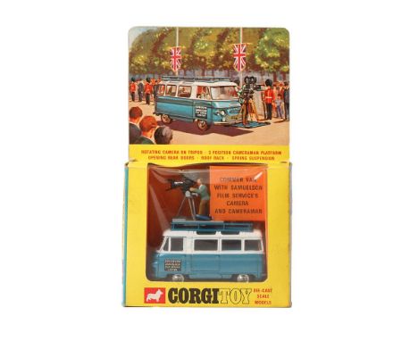 Corgi Toys No. 479 Commer Van with Samuelson Film Service's Cameraman with black suitcase, boxed.  Model and figure in G/ VG 