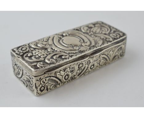 Victorian silver trinket box, ornately decorated, Birmingham 1895, raised thumb piece, 54.4 grams.  