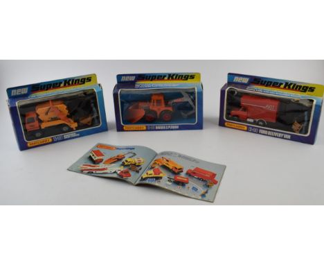 Boxed Matchbox Super Kings K-25 Digger &amp; Plough, K-28 Bedford Skip Truck, and K-29 Ford Delivery Van. All in original box