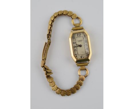 Ladies 9ct gold cased J W Benson wristwatch on plated bracelet, Dennison case, fully hallmarked. No winder.
