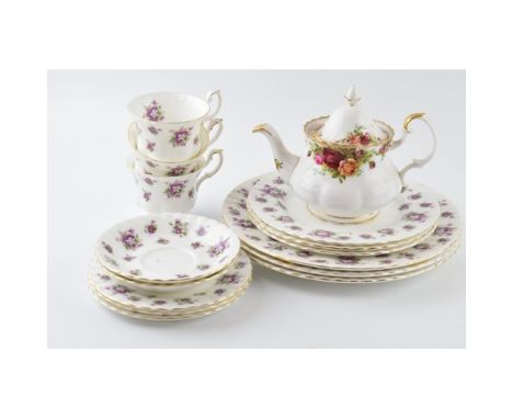 Royal Albert Old Country Roses small teapot together with Royal Albert Sweet Violets to include 3 cups, 2 saucers, 3 sides, 3