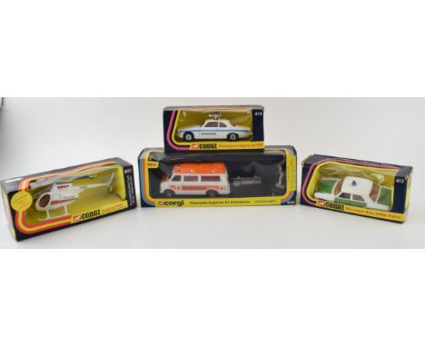 Corgi Toys boxed die-cast collectables 405 Chevrolet-Superior 61 Ambulance, 412 Mercedes-Benz 240D Police Car, 414 Coastguard