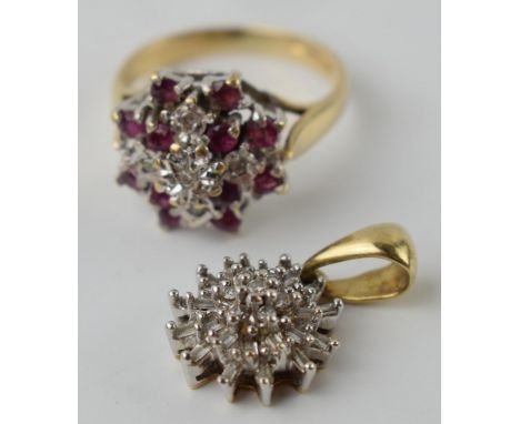 9ct gold ruby and diamond ring, size L, with a floral pendant (2), 5.9 grams combined.  