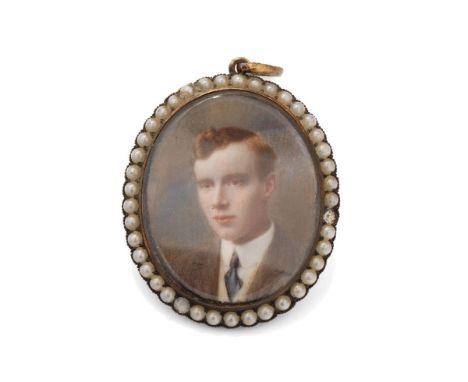 Miniature portrait of a young gentleman in period frame surrounded by imitation pearls, 4.5cm tall.  Missing one pearl, unsur