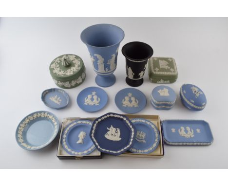Wedgwood Jasperware to include colours such as cobalt blue, green, black and blue to include vases, pin dishes, trinkets and 