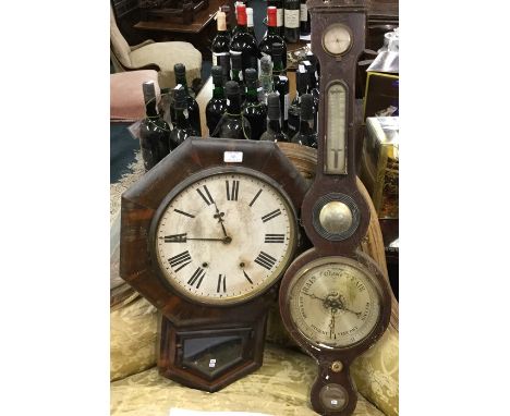A banjo barometer together with a wall clock. Est. £20 - £30.
