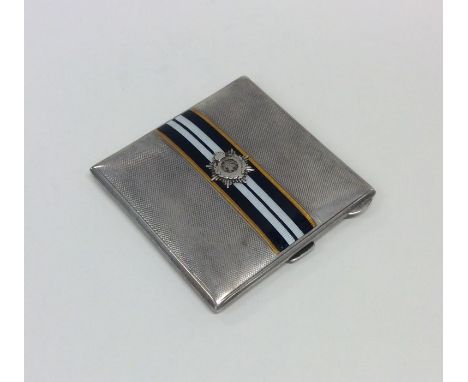 A silver and engine turned cigarette case with enamelled Naval stripes. Birmingham. By CC. Approx. 126 grams. Est. £70 - £80.