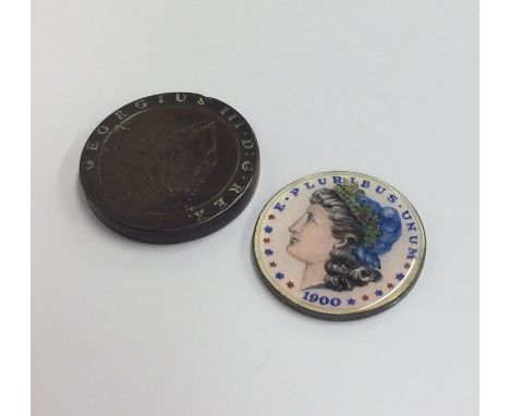 An unusual silver and enamel USA one dollar coin together with a Britannia counter. Approx. 57 grams. Est. £30 - £50.