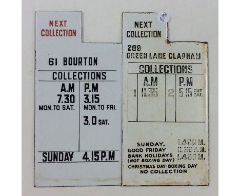 Two cast iron and enamel postbox plaques. Est. £20 - £30.