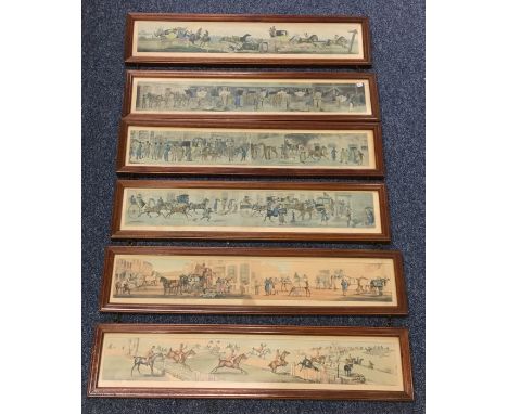 An unusual set of six framed and glazed hunting prints. Approx. 55 cms x 10 cms each. Est. £40 - £60.