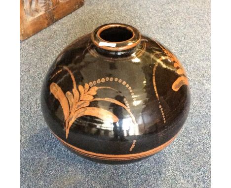 DAVID LEACH: A massive cylindrical vase decorated with stylised flowers. Marked to base. Approx. 34 cms high. Est. £300 - £40