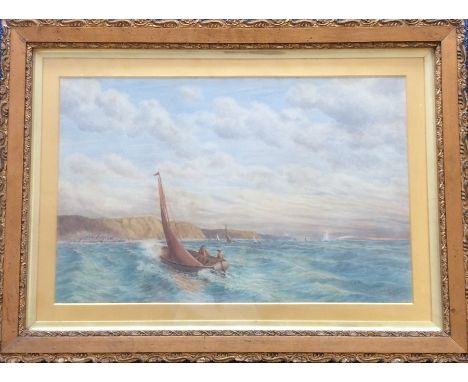 L R FLOOD: A gilt framed watercolour depicting boats at sea by the shore. Signed to bottom right and dated 1803. Approx. 64 c