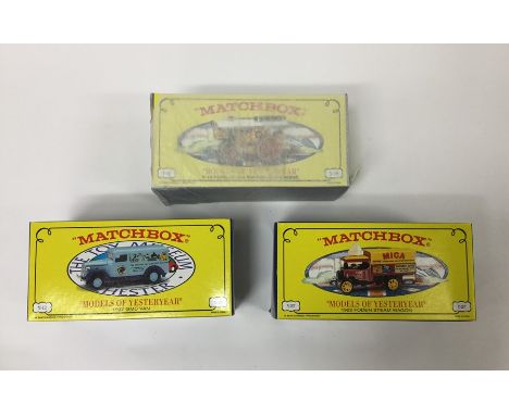 MATCHBOX: A selection of three boxed model toy vehicles comprising a 1922 Foden Steam Wagon numbered Y-27; a 1937 GMC Van num