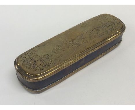 A Georgian oval brass mounted snuff box profusely decorated with figures. Approx. 15 cms long. Est. £40 - £60.