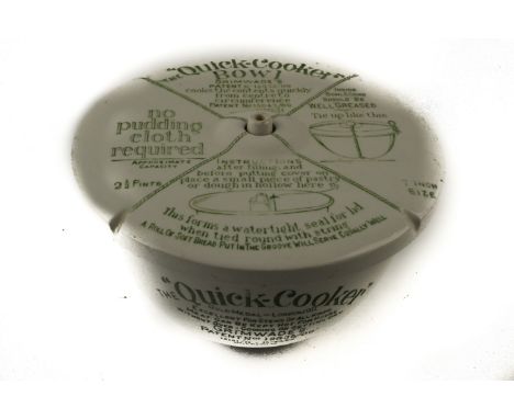 Vintage Grimwade's pottery "Quick-Cooker" pudding bowl, the glazed exterior showing instructions and measurements. 20cm diam.