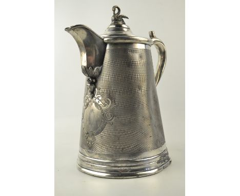 Victorian silver plated ice water jug with swan finial and all over engine turned decoration by the 'Whenham Lake ice company