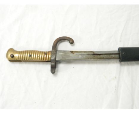 French 1866 pattern chassepot sword bayonet having fullered T-Form yataghan blade with hook quillion, brass grip and edge mar