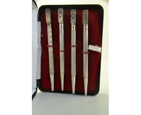 Set of 4 sterling silver bridge pencils with playing card detail. Case approx 9.5cm wide