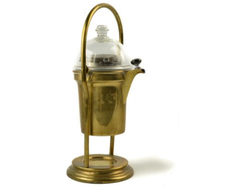 Antique brass coffee pot with glass lid, suspended on arched brass stand with circular base and place for a spirit light. [35