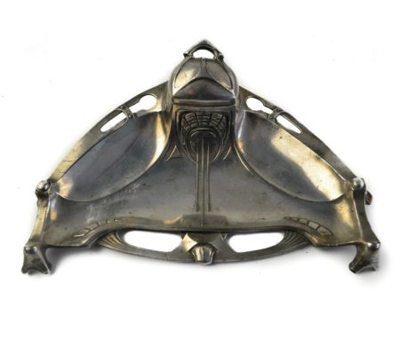 Art Nouveau style WMF silver plated desk ink stand, with hinged lid on stylised crescent base, 21cm wide