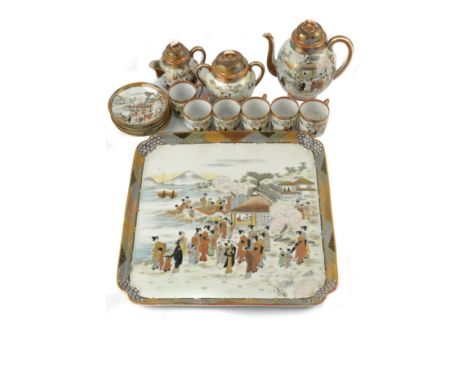 Japanese 'Satsuma' 6 piece tea service, with tea pot, cream, sugar and serving tray, figures in scenery design.  [16 pieces]