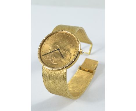 'Corum' made 20 Dollar 1907 coin gold watch [750] 18ct. With small diamond on winder. Vintage very rare and collectable watch