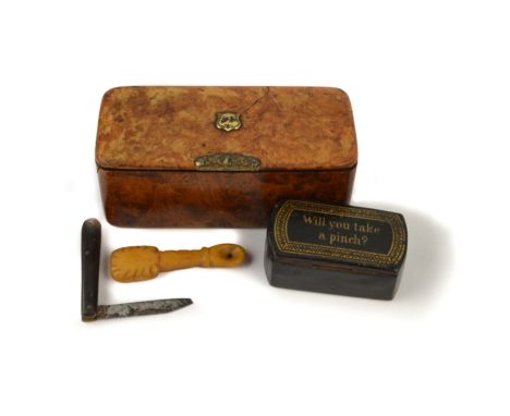 Victorian birdeye maple snuff box 9.5 cm, Victorian ebonised snuff box with gilt decorations reading 'Will you take a pinch' 