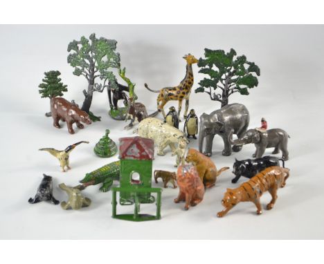 1950's Britains painted lead zoo animals to inc lion, tiger, bears and ticket booth with turnstyle and trees (24)