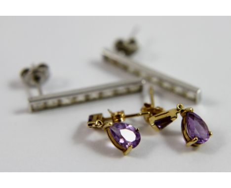 9ct gold amethyst drop earrings and 9ct white gold and CZ earrings