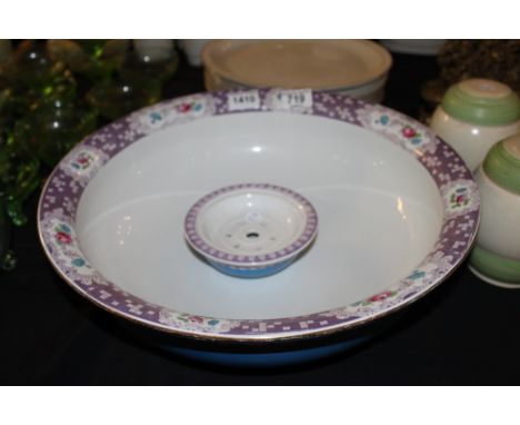 Lasolware wash basin and soap dish with lilac and floral edge on blue background
