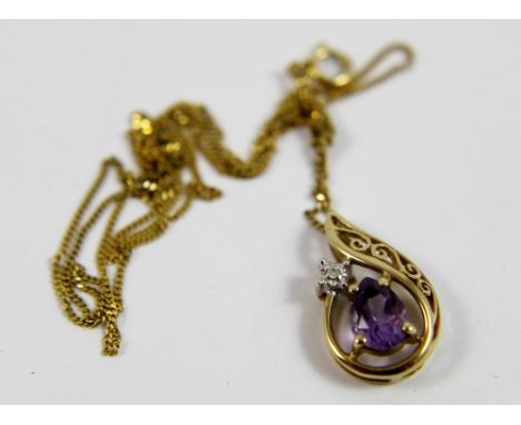 9ct gold pendant and chain set with amethyst and small diamond