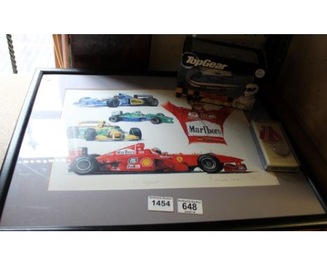 Signed, framed limited edition Formula One legend print 6/850 by Patrick Loan, boxed Top Gear car and a medal