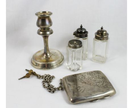 Quantity of silver, cigarette case 1925, silver topped glass pots, watch chain, candlestick 1906 etc