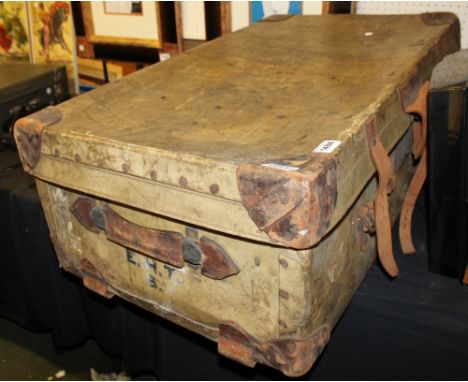 Large leather bound luggage trunk with interior shelf