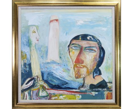 * JOHN BELLANY CBE RA HRSA (SCOTTISH 1942 - 2013), SELF PORTRAIT WITH LIGHTHOUSE oil on canvas, signed 90cm x 90cm Framed. No