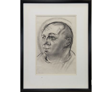 * PETER HOWSON OBE (SCOTTISH b 1958), A FRIENDLY FACE charcoal on paper, signed in pencil 44cm x 29.5cm Mounted, framed and u