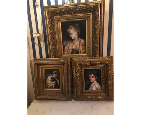 Three furnishing portrait pictures in heavy gilt frames (3)