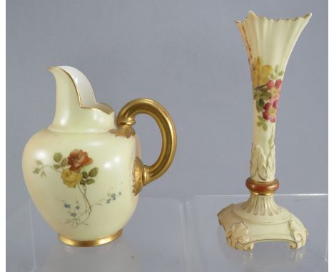 Two pieces  of Royal Worcester Blush Ivory: a ewer 1094 and a vase 728. Both with floral decoration. (2)Chip to the top corne