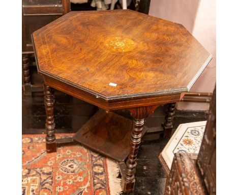 A late Victorian octagonal inlaid rosewood low occasional table, circa 1890, octagonal top with satinwood and ivory foliate i