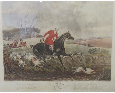 A mid-nineteenth century framed fox hunting print: The Fox Chase 'A southerly wind & a cloudy sky'.  Ackermann 1857. 61 cm wi