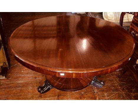 An early Victorian mahogany breakfast table, Circa 1850, circular tilt top, raised on a octagonal globe column, on a tripod f