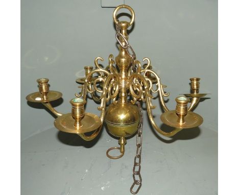 A brass hanging chandelier candelabra with six sconces 50 cm wide.&nbsp;