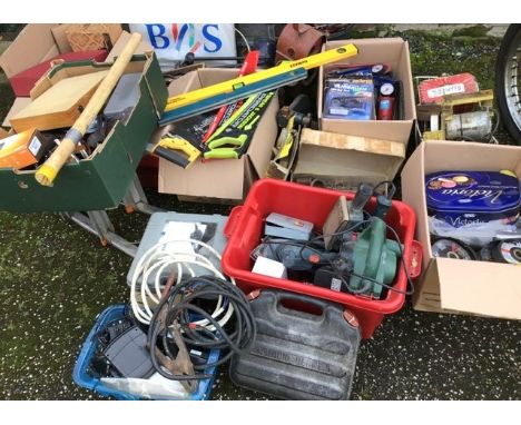 Large quantity of tools to include electric drill, sander, saws, sprit levels, spanners, foot pumps, &nbsp;grinding wheels et