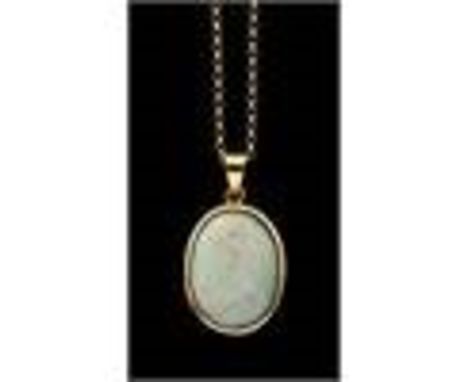 An 18K opal Pendant, the oval cabochon approx. 19mm x 14mm displaying orange, red, green and purple fire, suspended on 18K It