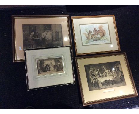 Four framed prints, including cattle landscapes and hunting examples (4)